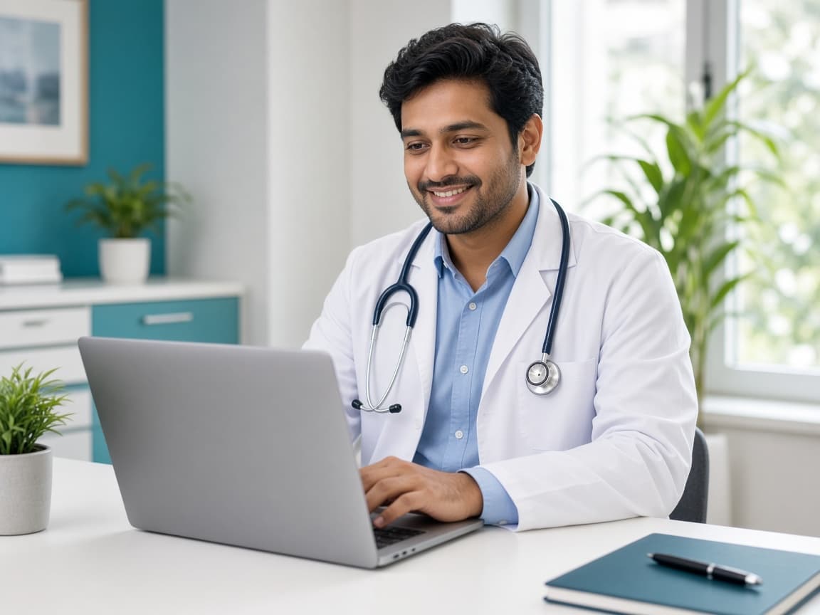 A doctor updating information on a laptop in his clinic